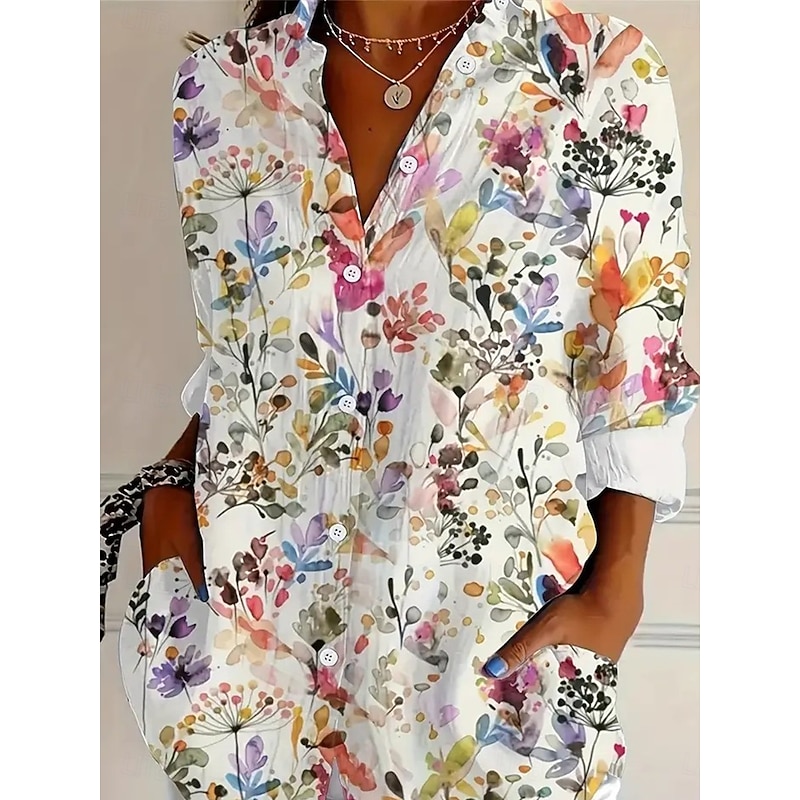 Women's Shirt Button Down Tunic Shirt Collar Long Sleeve Floral Graphic Bohemia Vintage Casual Regular Tops Work Daily Holiday s Print White Spring Fall Winter2