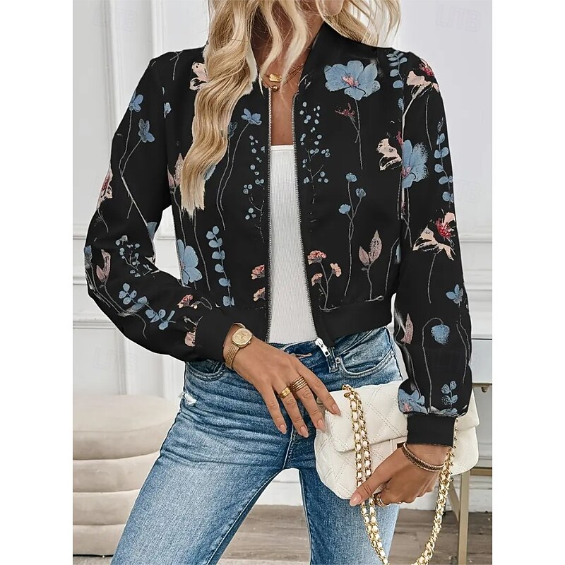 Women's Casual Jacket Warm Quick Dry Zipper Pocket Elegant Fashion Daily Simple Floral Vacation Casual Daily Holiday Short Baseball Collar Regular Fit Long Sleeve Outerwear Black White Red Spring Fall4