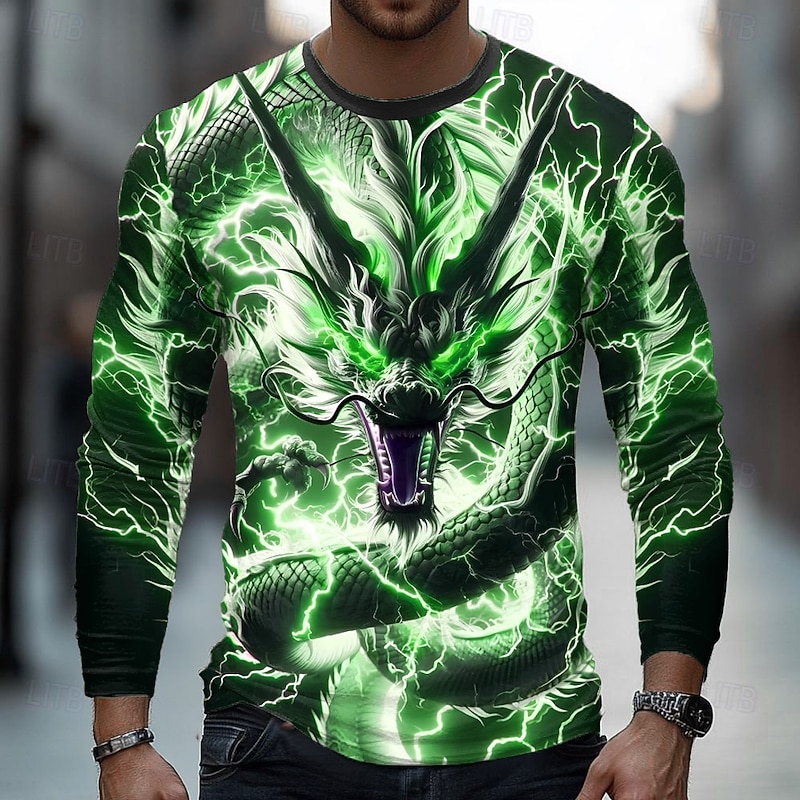 Men's Dragon Lightning 3D T Shirt Long Sleeve T shirt 3D Print Crew Neck Shirt Fashion Basic Street Casual Daily Blue Purple Green Summer Spring Clothing Apparel S M L XL XXL XXXL2