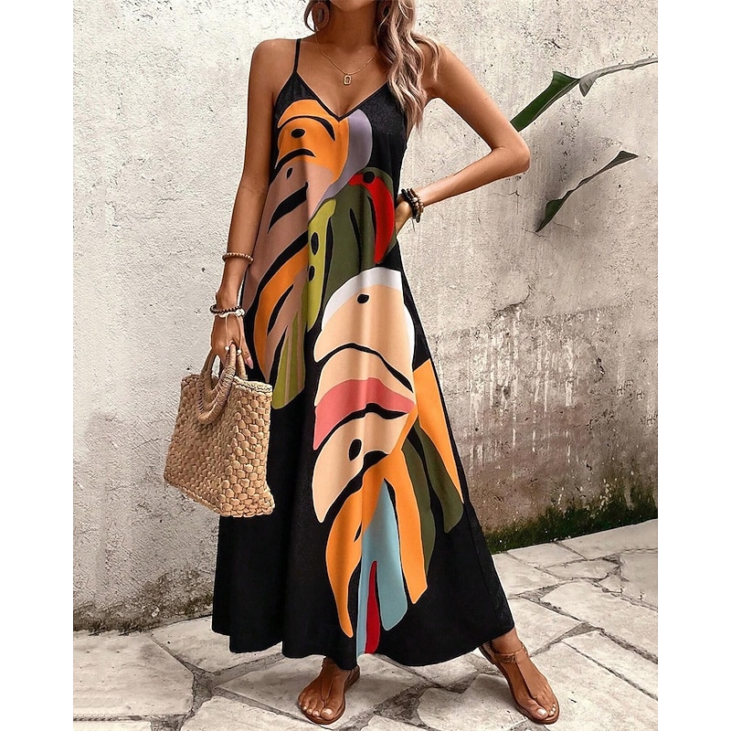 Women's Long Dress Maxi Dress Summer Dress Slip Dress Fashion Modern Daily Beach Weekend Regular Fit Leaf Tropical Sleeveless V Neck Black Summer Spring
