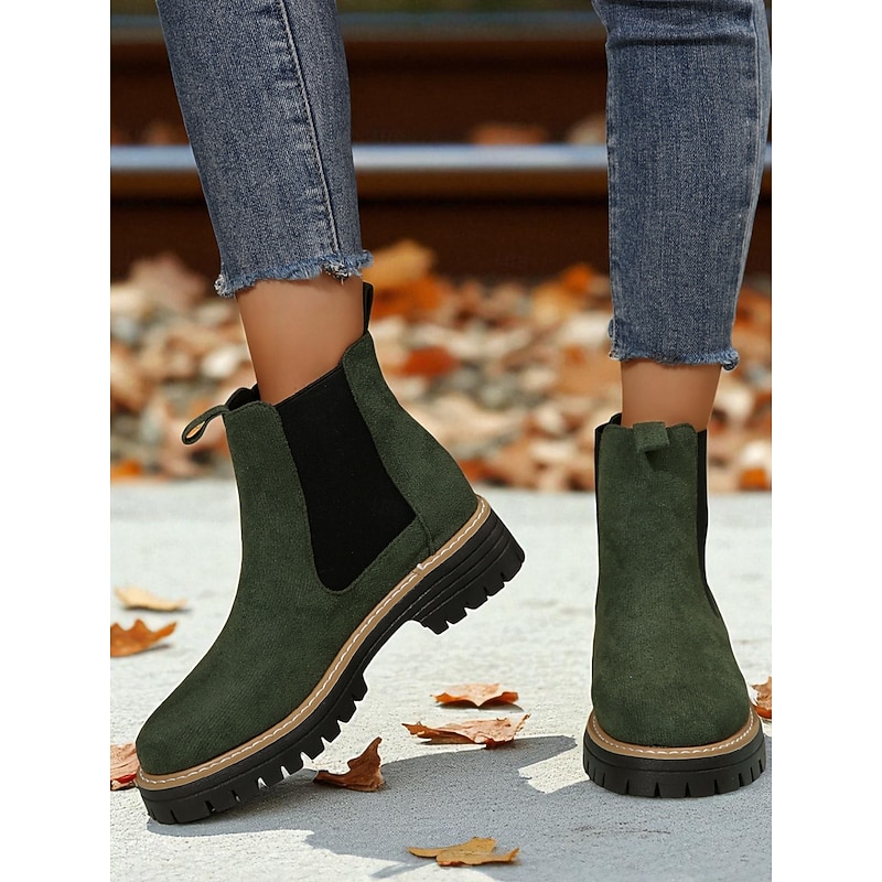 Women's Green Faux Suede Chelsea Ankle Boots – Slip-On Elastic Side Panel, Chunky Lug Sole, Casual Outdoor & Travel Footwear2