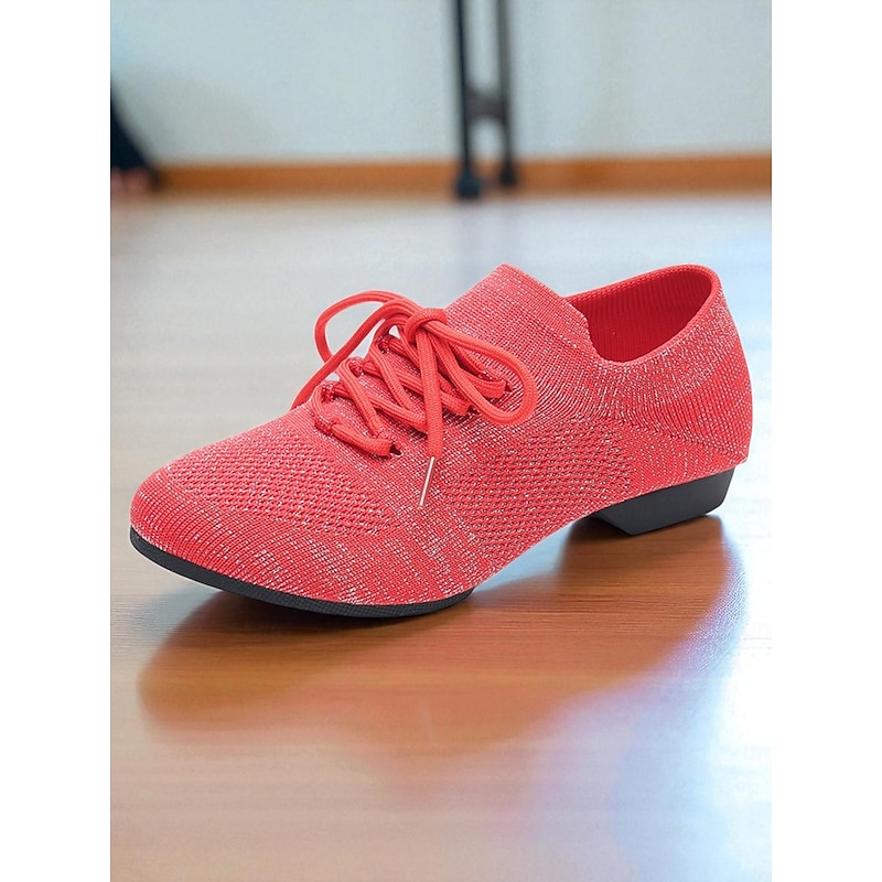Women's Professional Dance Shoes - Coral Pink Flyknit Lace-Up Jazz and Practice Footwear with Low Heel, Lightweight and Breathable Design for Ballroom, Latin and Stage Performances2