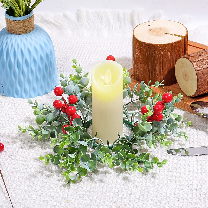Christmas Candle Wreath with Red Berries, Plastic Artificial Floral Candle Ring, Faux Flower Tabletop Decoration, Aromatherapy Candle Holder Base Accent