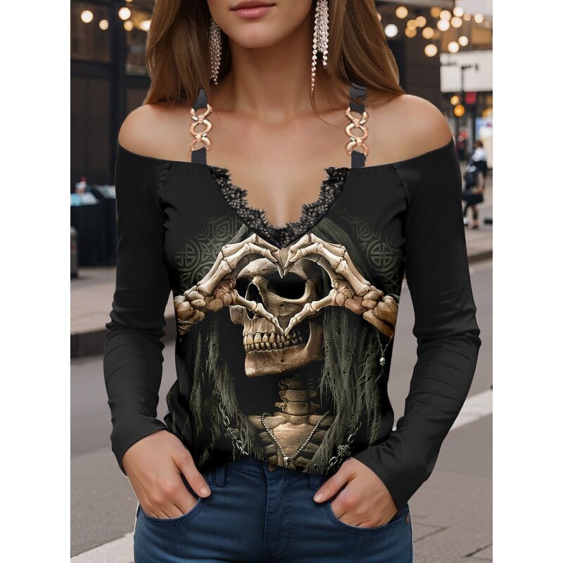 Halloween Women's Blouse Floral Skulls Print Graphic Skull Vintage Stylish Casual Long Sleeve V Neck Regular Tops Daily Going out Patchwork Print White Wine Red Purple Khaki Spring Fall3