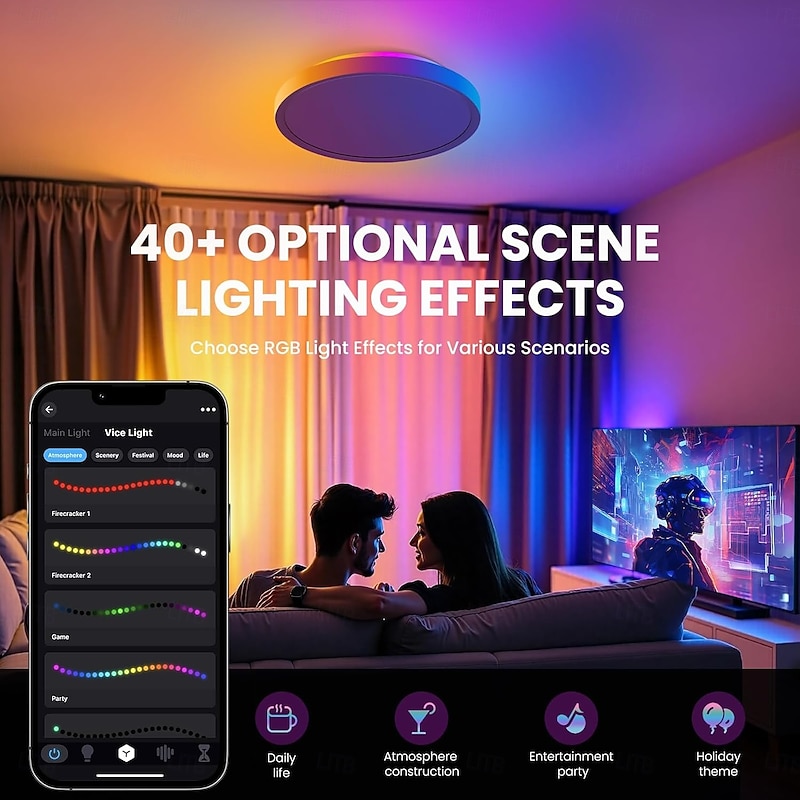 Smart RGB Ceiling Light LED 2700LM Works with Alexa 2700K-6500K Flush Mount Light Fixture DIY Colors WiFi Dimmable Low Profile Ambient Light Fixture for Bedroom Living Room Party3