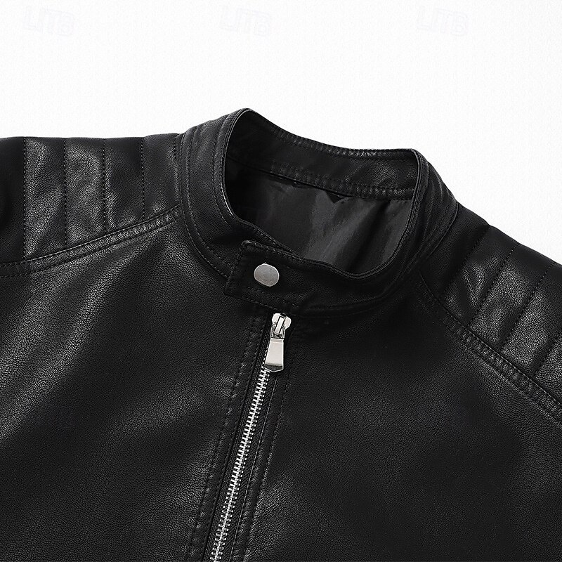 Men's Faux Leather Jacket Motorcycle Jacket Outdoor Casual Windbreaker Minimalist Fall Winter Solid Color Punk Active Stand Collar Regular Black Burgundy Khaki Coffee Jacket4