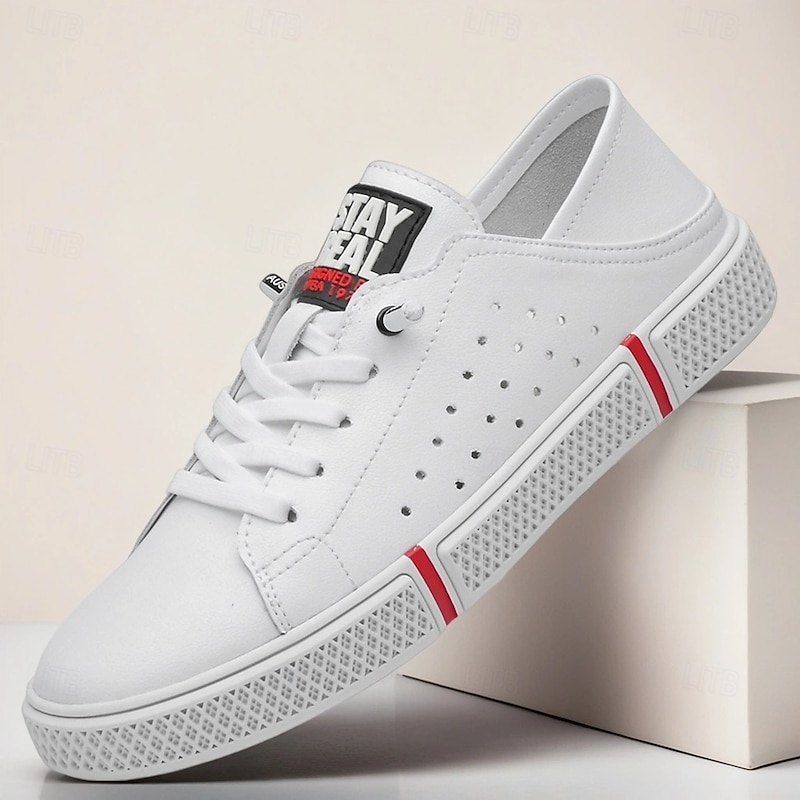 Men's White Classic Sneakers – Casual Lace-Up Shoes with Perforated Detailing for Everyday Wear, Office Casual and Urban Style