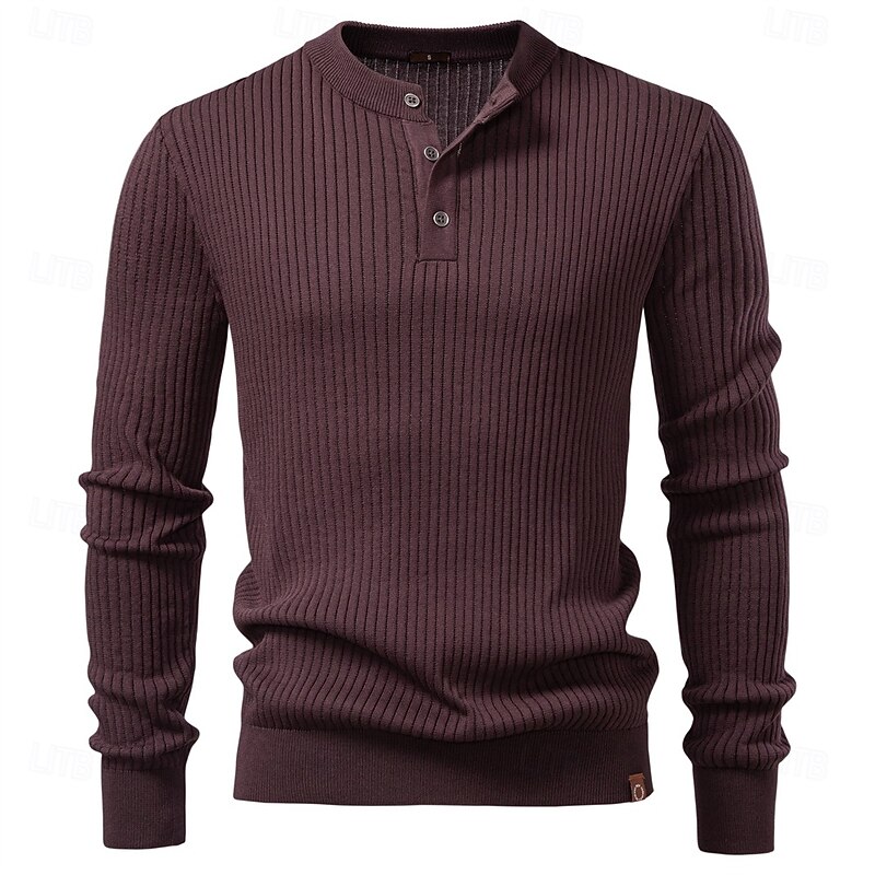 Men's Pullover Sweater Jumper Knit Tunic Buttons Solid Color Henley Vintage Daily School Home Clothing Apparel Spring Fall Black Burgundy S M L3