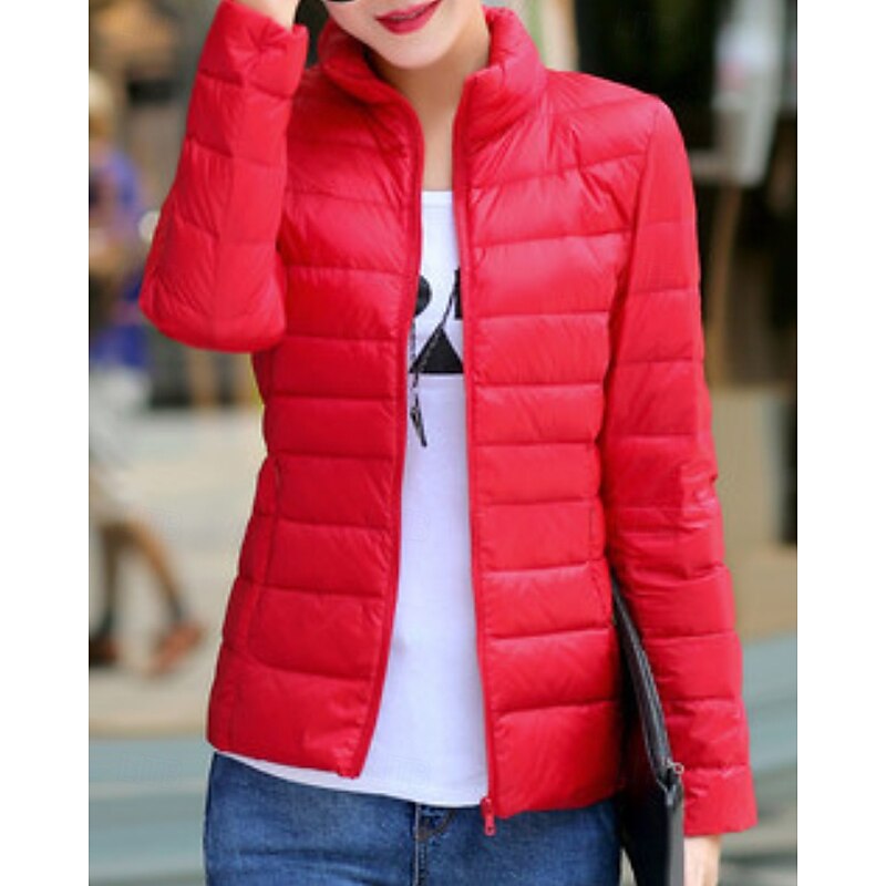 Women's Down Jacket Warm Comfortable Zipper Pocket Casual Plain Outdoor Going out Weekend Zipper Regular Stand Collar Regular Fit Long Sleeve Outerwear Black White Red Fall Winter3