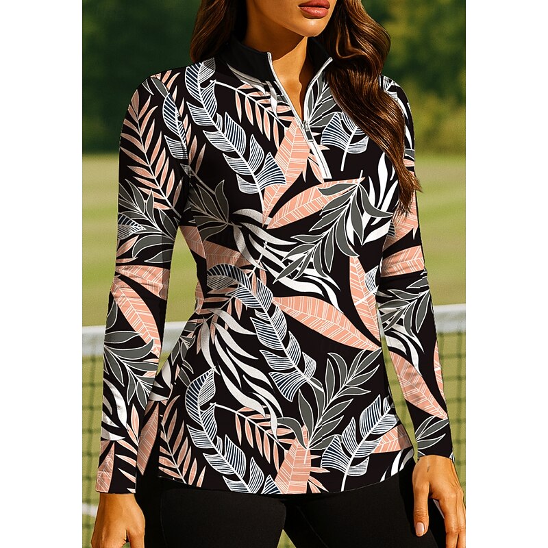 Women's Geometric Golf Polo Shirt Tennis Shirt Long Sleeve Print Quarter Zip Pullover UV Protection Elastic Breathable Tennis Golf Pickleball Zip Collar Shirt Polo Black / Orange Tennis Clothing