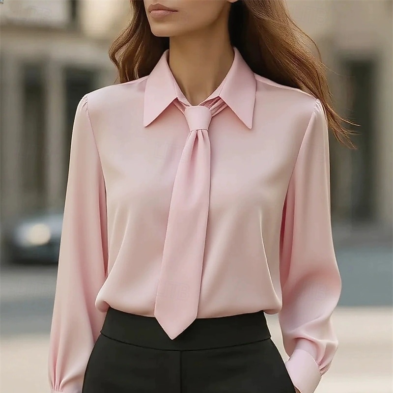 Women's Elegant Dressy Satin Work Shirt Plain Modern Casual Long Sleeve Shirt Collar Regular Tops Daily Holiday Patchwork Black White Pink Khaki Fall3