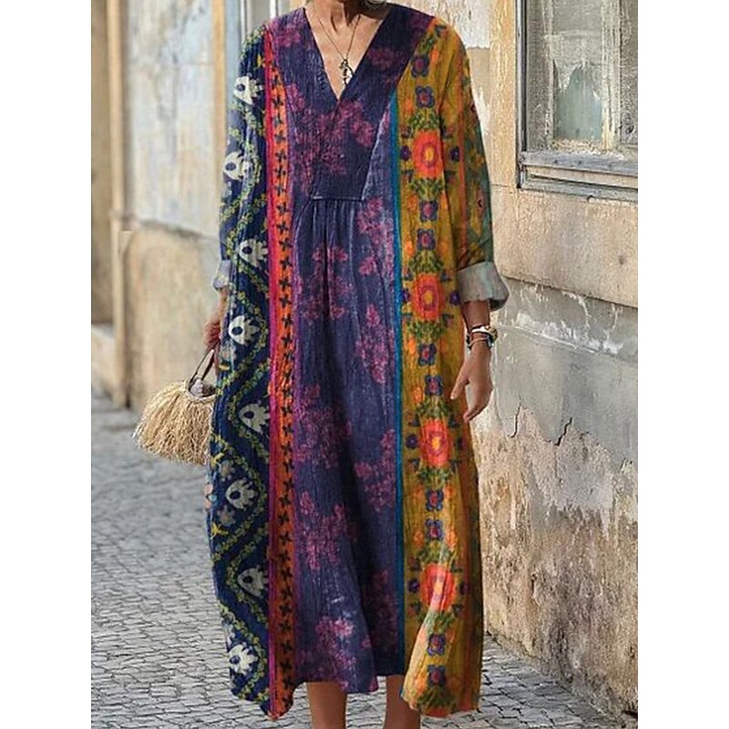 Women's Maxi Dress Sundress A Line Dress Casual Boho Holiday Loose Fit Graphic Geometric Long Sleeve V Neck Pink Blue Purple Green Summer Spring Fall3