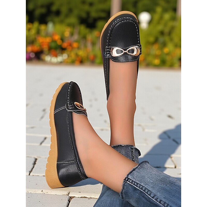 Women's Black Faux Leather Loafers with Gold Buckle – Casual Slip-On Flat Shoes for Daily Wear, Office and Travel4