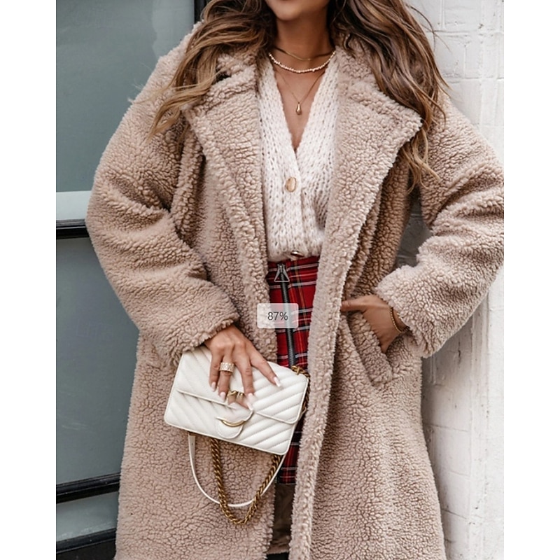 Women's Winter Coat Teddy Coat Casual Jacket Warm Comfortable Pocket Fashion Plain Outdoor Daily Wear Going out Weekend Single Breasted Regular Turndown Regular Fit Long Sleeve Outerwear Black Brown