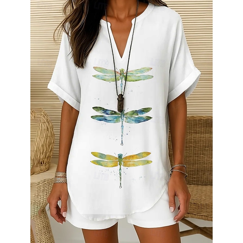 Women's Boho Shirt Graphic Animal Dragonfly Bohemia Vintage Daily Sleeveless Short Sleeve V Neck Regular Tops Daily Holiday Semi Formal White Light Green Royal Blue Blue Purple Summer Spring