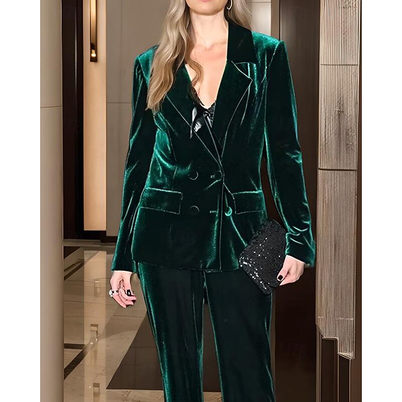 Women's Blazer Dark Green Velvet Sport Coat Formal Wedding Guest Vintage Elegant Long Sleeve Notched Lapels Double Breasted