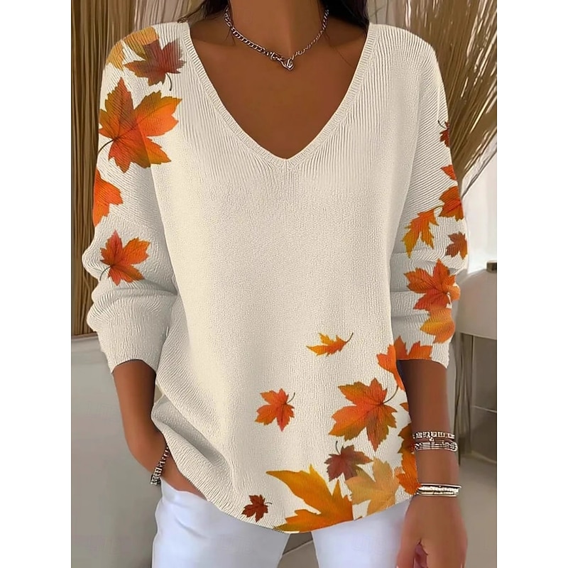 Women's Sweater Casual Soft Floral Striped Ribbed V Neck Knitted Long Sleeve Regular Tops Knit Outdoor Daily Weekend Purple Orange Spring Fall2