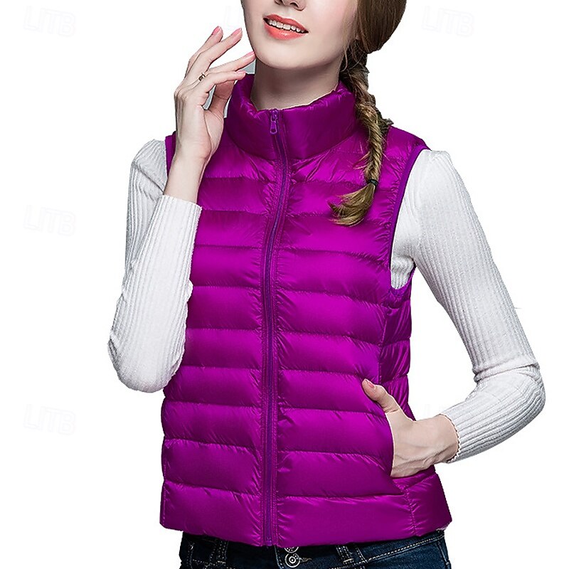 Women's Vest Warm Comfortable Zipper Pocket Fashion Outdoor Plain Going out Weekend Zipper Regular Stand Collar Regular Fit Sleeveless Outerwear White Red Purple Fall Winter4