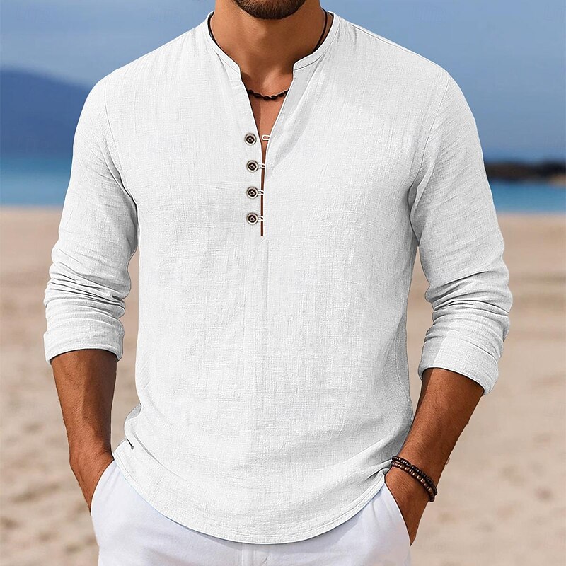 Men's Shirt Linen Shirt Summer Shirt Beach Shirt Solid Color Vacation Casual Black White Green Light Blue Long Sleeve Henley Fall Spring & Summer Clothing Apparel4