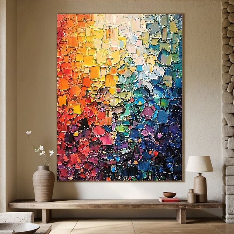 Handmade colorful textured Oil Painting Thick Impasto Brushstrokes Colorful Abstract Art Vibrant Gradient Orange Red Blue Purple Mosaic Blocks Contemporary art Wall Decor Living Room Stylish Home2
