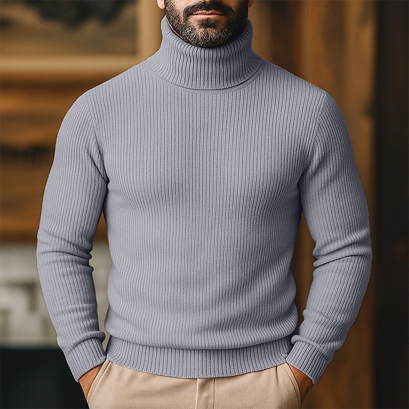Men's Sweater Pullover Sweater Jumper Ribbed Knit Regular Tops Knitted Slim Fit Plain Turtleneck Knitwear Contemporary Casual Daily Wear Clothing Apparel Fall Winter Wine Black S M L