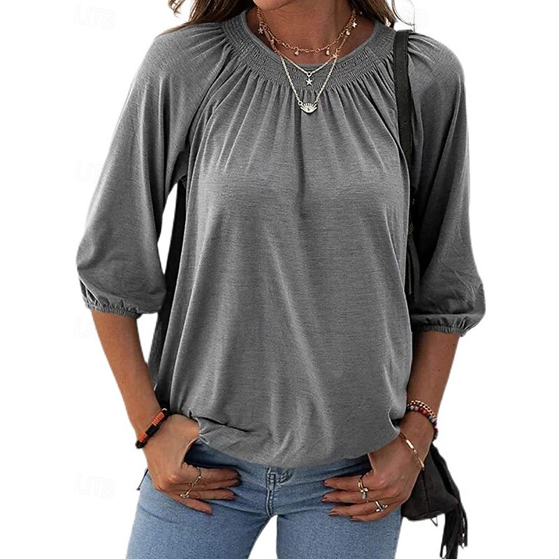 Women's Texture Blouse T Shirt Plain Casual 3/4 Length Sleeve Crew Neck Regular Tops Daily Going out Weekend Patchwork Black White Pink Wine Blue Fall