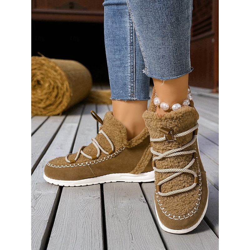 Women's Brown Faux Suede Fleece Lined Winter Boots – Lace-Up Warm Ankle Shoes, Casual Outdoor & Travel Footwear3