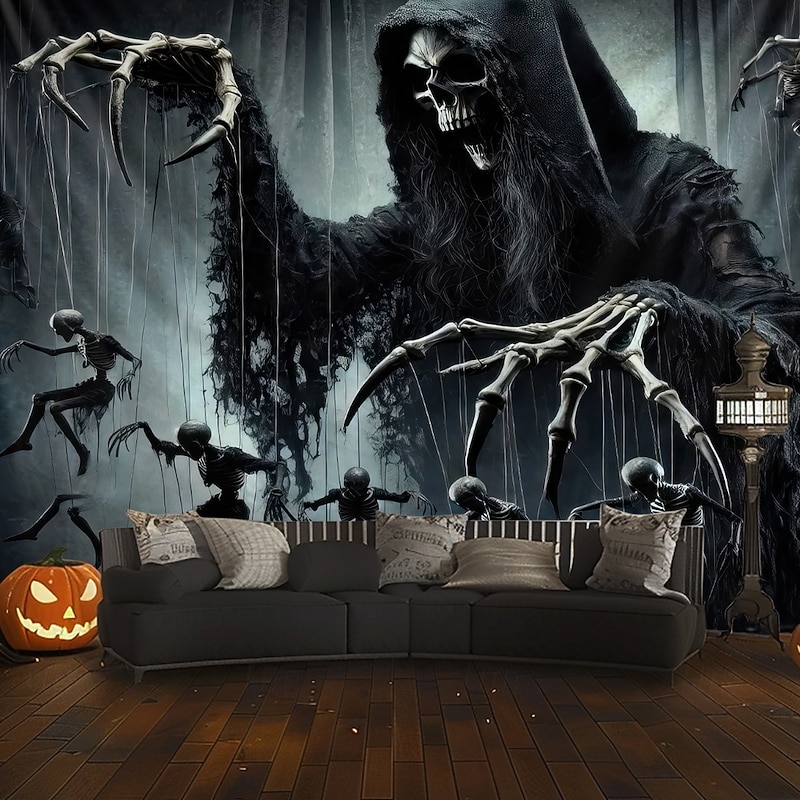 Halloween Tapestry Banners Wall Hangings Skeleton Grim Reaper Dark Punk Gothic Style Party Dorm Shooting Backgrounds Home Decor2