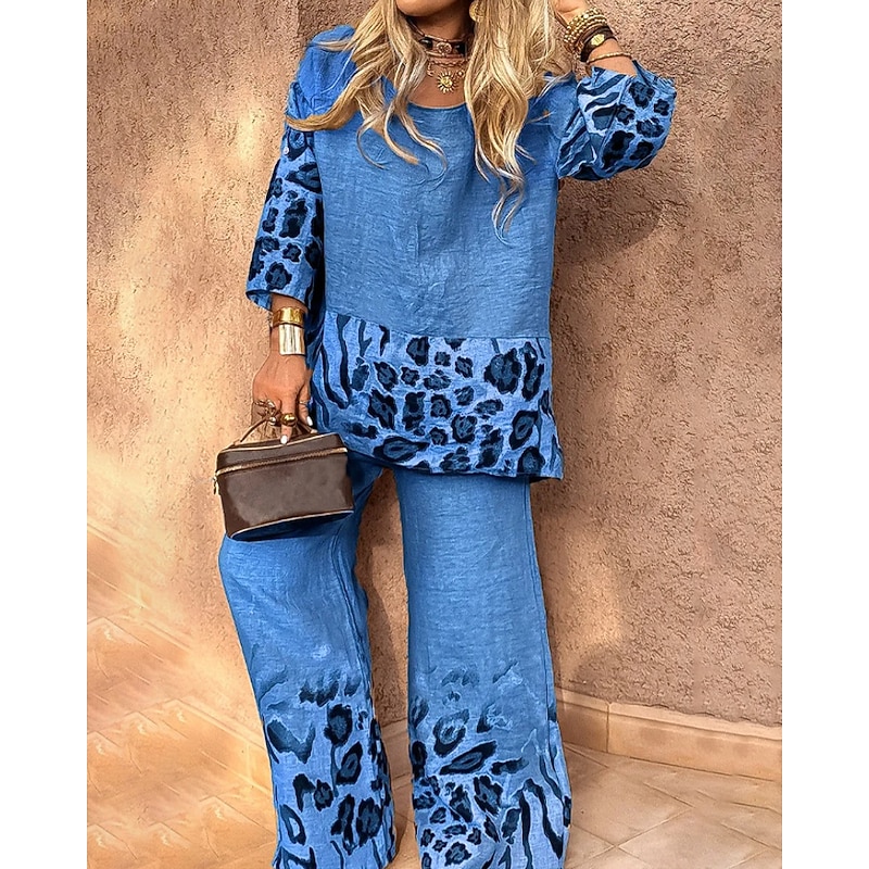 Women's Active Fashion Blouse Pants Sets Long Sleeve Crew Neck Leopard Patchwork Going out Weekend Black White Red Fall Regular Fit4