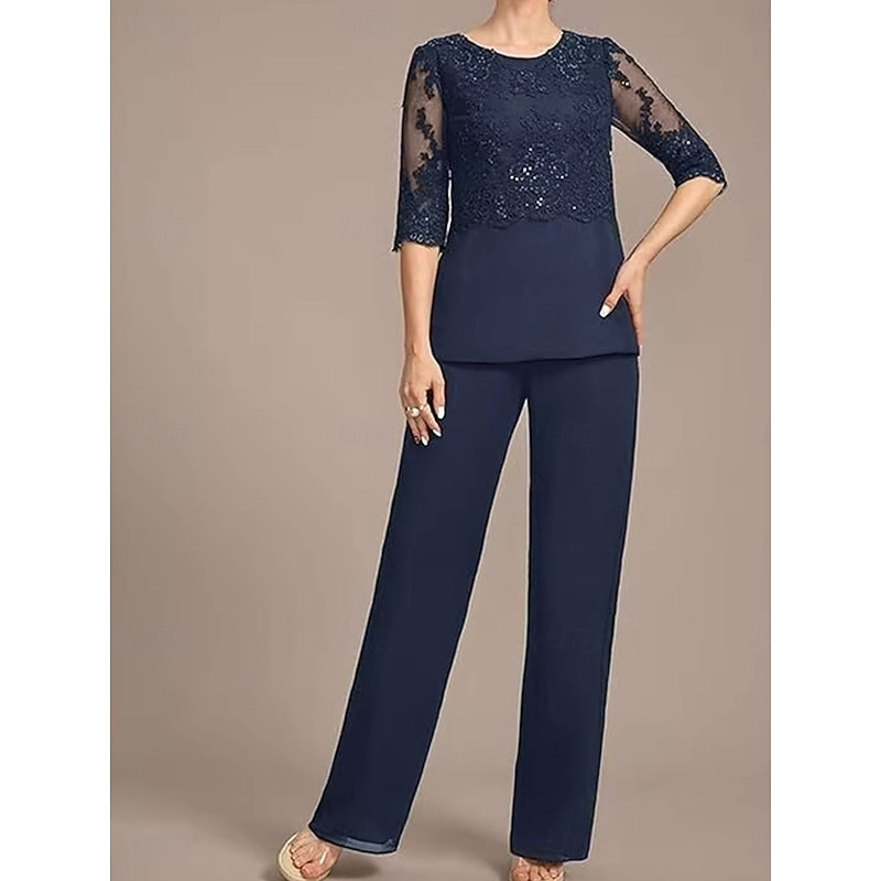 3 Piece Pantsuit Floral Sequin Lace Mother of the Bride Pantsuit Elegant Vintage Crew Neck Ankle Length Half Sleeve with Jacket4