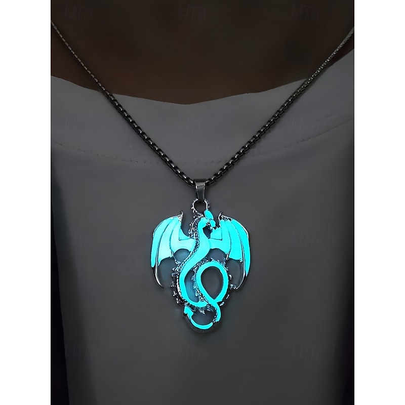 Men's Halloween Glowing Dragon Pendant Necklace – Luminous Gothic Stainless Steel Chain Jewelry for Party, Cosplay and Nightlife
