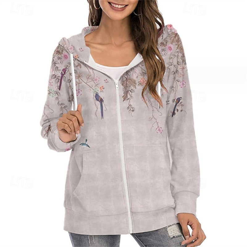 Women's Zip Up Hoodies Floral Tie Dye Streetwear Casual Long Sleeve Hooded Regular Tops Street Going out Zipper Print White Yellow Blue Green Gray Fall2