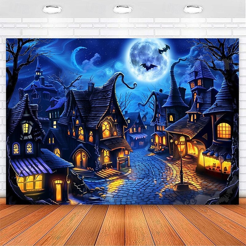 Halloween Town Wall Tapestry – Spooky Night Village with Moon, Bats and Haunted Houses, Blue Gothic Wall Hanging for 2025 Halloween Party, Bedroom, Living Room Decoration
