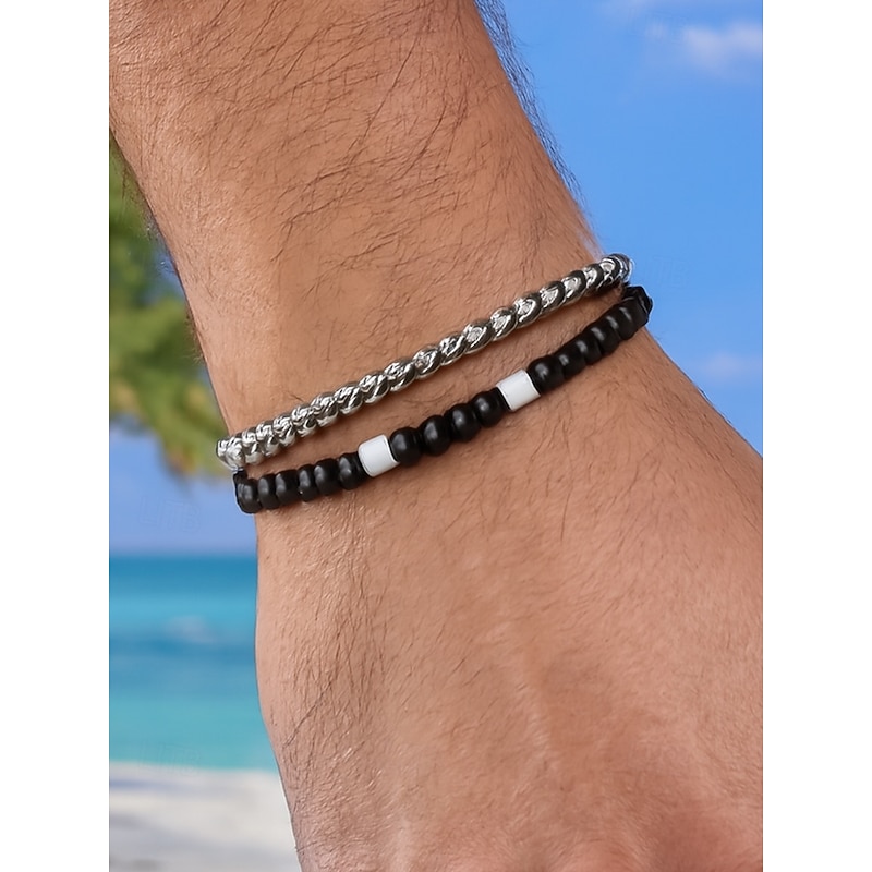 Men's Turquoise Beaded and Silver Chain Bracelet Set – Boho Beach Style Adjustable Jewelry for Casual, Summer and Vacation Outfits4