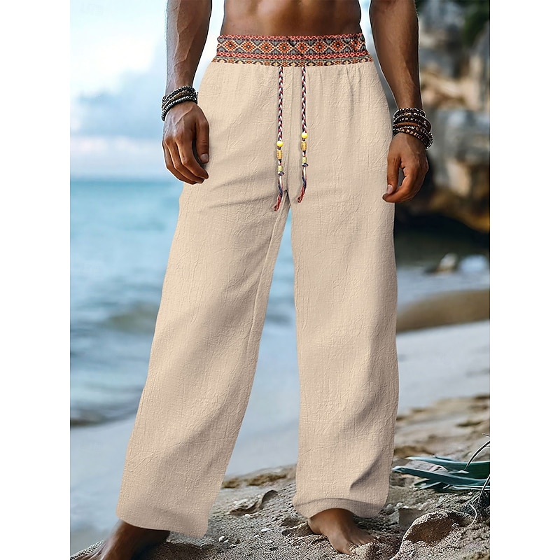 Men's Linen Pants Trousers Summer Pants Baggy Pants Drawstring Patchwork Elastic Waist Plain Comfort Breathable Full Length Casual Daily Holiday Fashion Classic Style Black White Inelastic