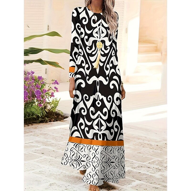 Women's Maxi Dress A Line Dress Summer Dress Vacation Casual Daily Regular Fit Graphic Geometric Long Sleeve Crew Neck Deep Green Black White Brown Spring Fall Winter4