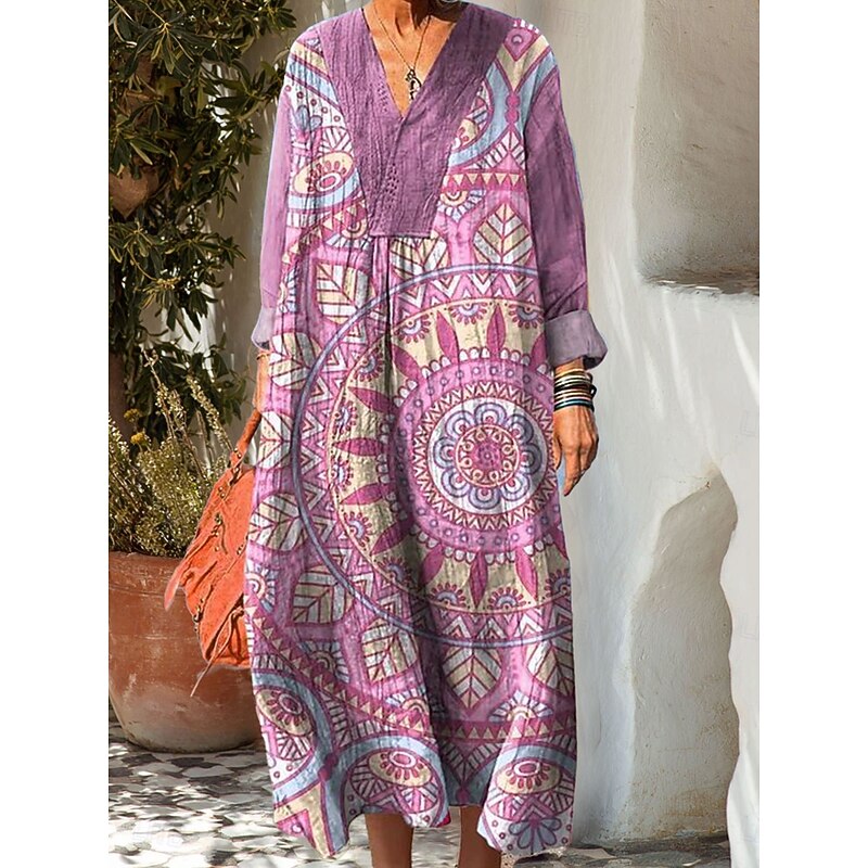 Women's Maxi Dress Sundress A Line Dress Casual Boho Holiday Loose Fit Graphic Geometric Long Sleeve V Neck Pink Blue Purple Green Summer Spring Fall4