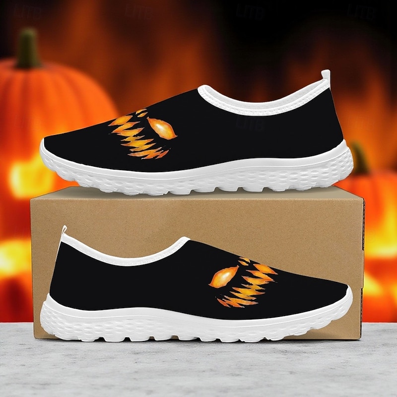 Men's Black Mesh Slip-On Sneakers with Pumpkin Face Print – Casual Halloween Themed Lightweight Shoes for Party, Streetwear and Daily Wear3