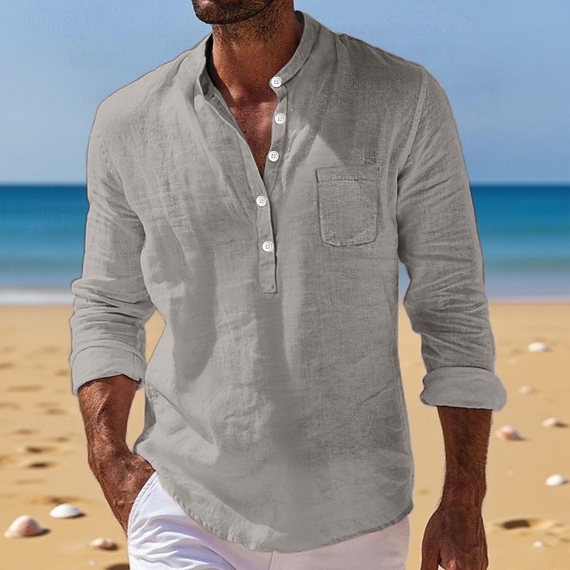 Men's Shirt Linen Shirt Band Collar Shirt Popover Shirt Summer Shirt Beach Wear Plain Vacation Holiday Black White Yellow Wine Long Sleeve Henley Summer Spring Clothing Apparel2