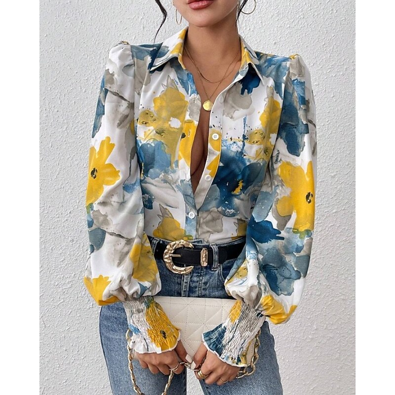 Women's Shirt Blouse Flower Modern Casual Long Sleeve Shirt Collar Regular Tops Daily Going out Print Red Blue Purple Green Fall4