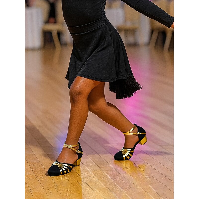 Women's Girls' Red and Gold Latin Dance Shoes - Low Heel Professional Ballroom Shoes for Kids & Teens Practice and Performance3