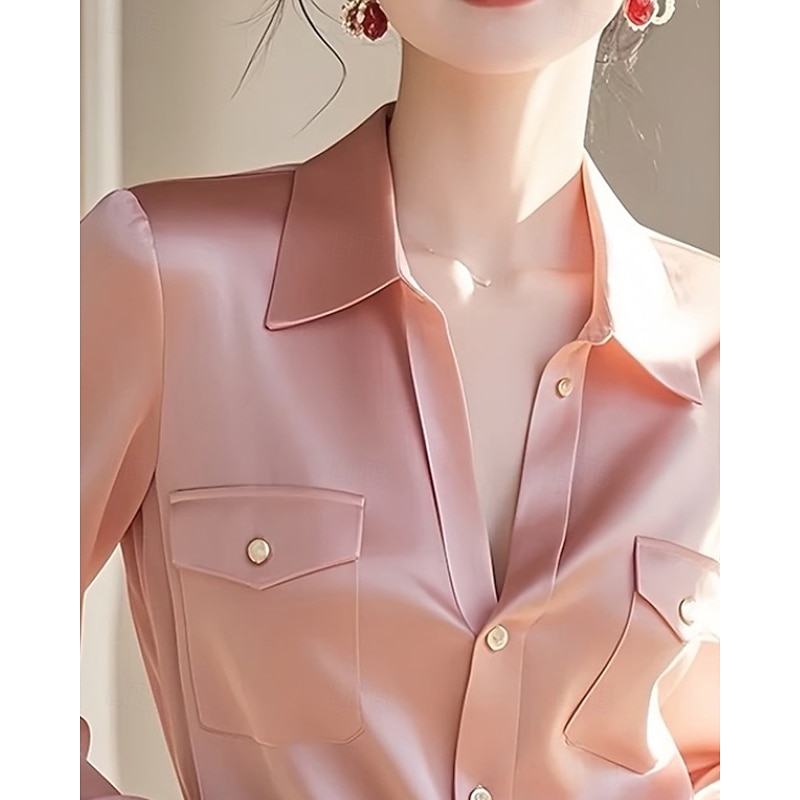 Women's Shirt Blouse Plain Active Stylish Long Sleeve Shirt Collar Regular Tops Work Formal Wear Pocket Buttons Pink Fall2