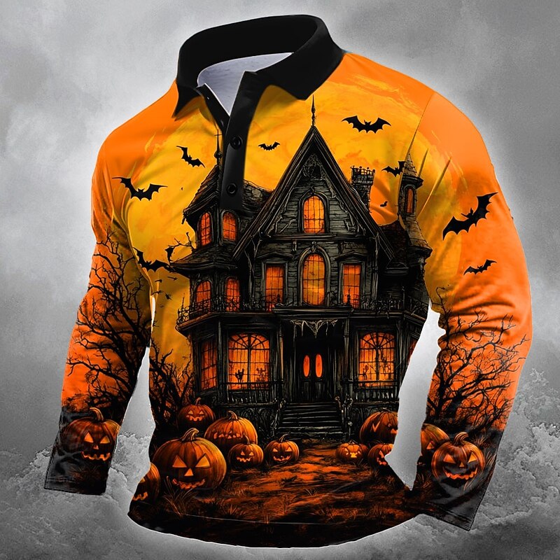 Halloween Men's Pumpkin Castle Polo Long Sleeve Polo Shirts Lapel Casual Street Festival Outfit 3D Print Buttons Spring Fall Winter orange1 Orange  2