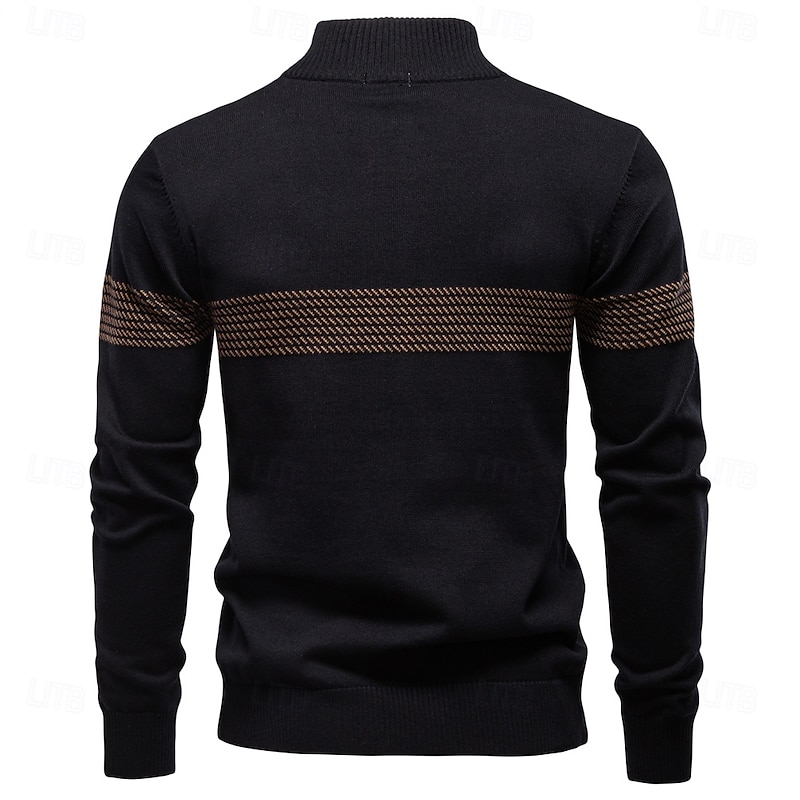 Men's Pullover Knit Regular Tops Half Zip Stripe Plain Standing Collar Cool Pullover School Vacation Clothing Apparel Spring Fall Black Dark Navy S M L2
