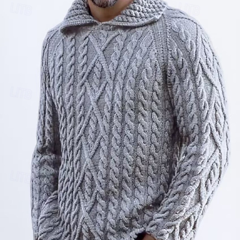 Men's Sweater Pullover Sweater Jumper Cable Knit Regular Tops Knitted Slim Fit Plain Turndown Knitwear Contemporary Casual Daily Wear Clothing Apparel Fall & Winter Wine Black S M L2