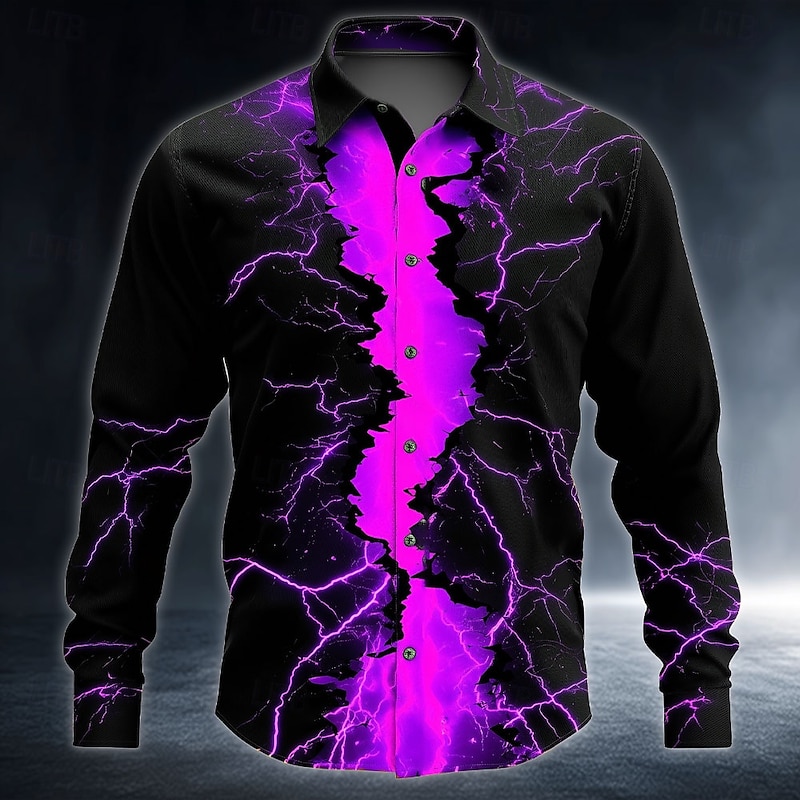 Halloween Men's Optical Illusion Lightning Neon Glow Shirt Button Up Shirt Long Sleeve Dark Punk Gothic Style Outdoor Holiday Summer Spring Turndown 3D Print Collared Shirts Red Blue Purple Orange
