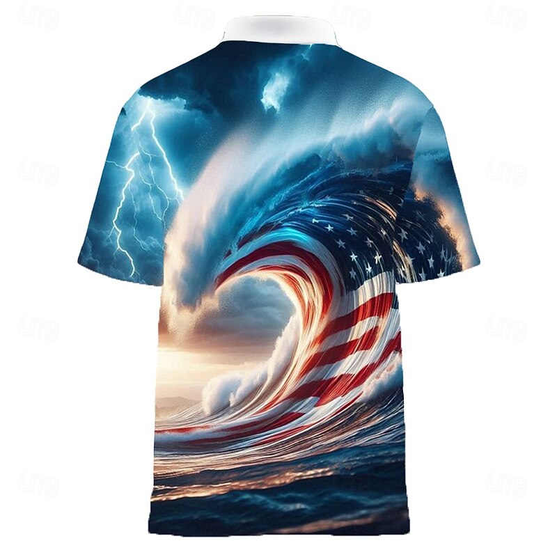 Men's American US Flag Spray Polo Short Sleeve Polo Shirts Lapel Casual Athleisure Festival Outfit 3D Print Buttons Summer Blue2