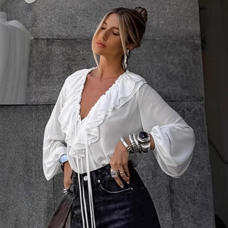 Women's Shirt Solid Color Elegant Stylish Basic Long Sleeve Lantern Sleeve V Neck Regular Tops Daily Holiday Going out Ruffle White Summer Spring Fall3