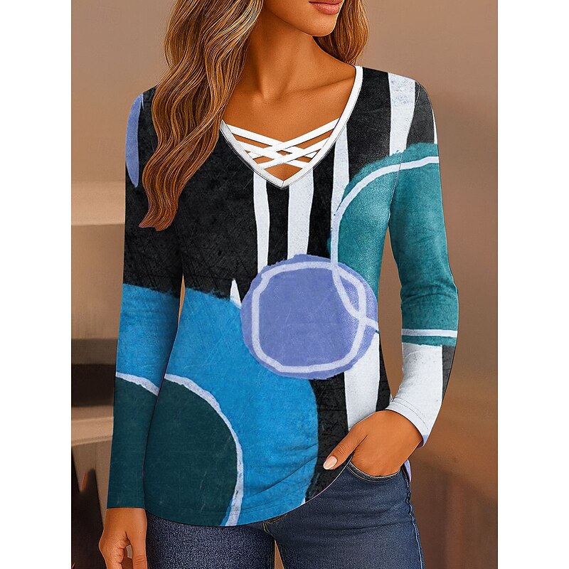 Women's T Shirt Graphic Geometric Vintage Stylish Classic Long Sleeve V Neck Regular Tops Daily Cut Out Print Pink Blue Brown Green Spring Fall3