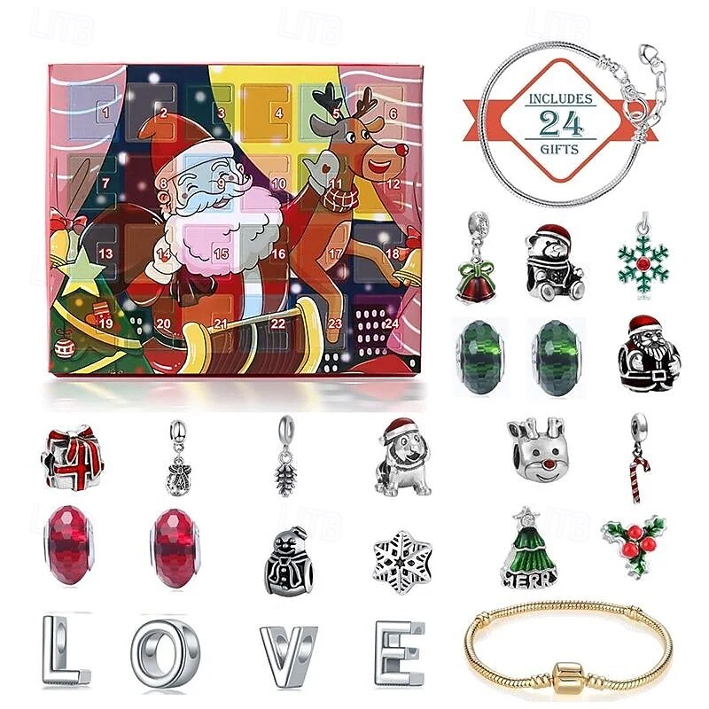 Christmas Advent Calendar DIY Bracelet 24-Day Kids Gift Jewelry Craft Set, DIY Beads & Charms Blind Box, Handmade Love Bracelet Gift for Children3